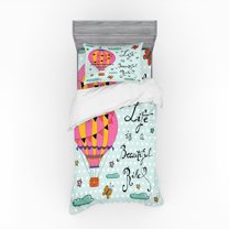 Saying Duvet Cover Set, Life is a Ride Inspirational Phrase with Hot Air Balloon and Polka Dots, Bedding Set with Shams and Fitted Sheet, 3 Sizes, by Ambesonne