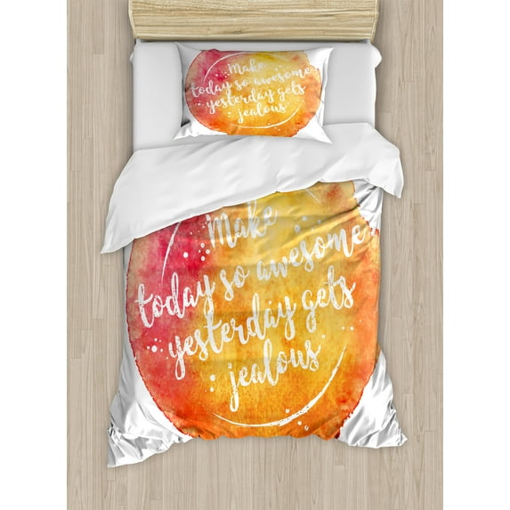 Saying Duvet Cover Set, Message on Grunge Vibrant Background Happiness, Decorative 2 Piece Bedding Set with 1 Pillow Shams, Twin Size, Dark Coral Orange Yellow, by Ambesonne