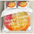 thumbnail image 1 of Saying Duvet Cover Set, Message on Grunge Vibrant Background Happiness, Decorative 3 Piece Bedding Set with 2 Pillow Shams, Calking Size, Dark Coral Orange Yellow, by Ambesonne, 1 of 3