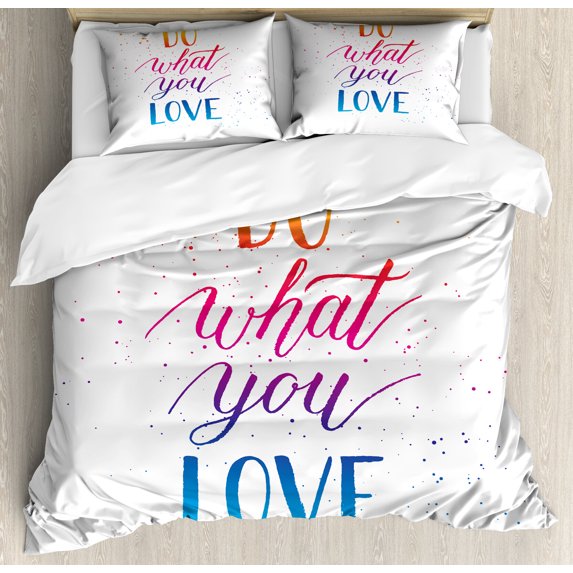 Saying Duvet Cover Set, Pattern of Do What You Love Gradient Typography Plain Background, Decorative 3 Piece Bedding Set with 2 Pillow Shams, Queen Size, Marigold Hot Pink and Blue, by Ambesonne