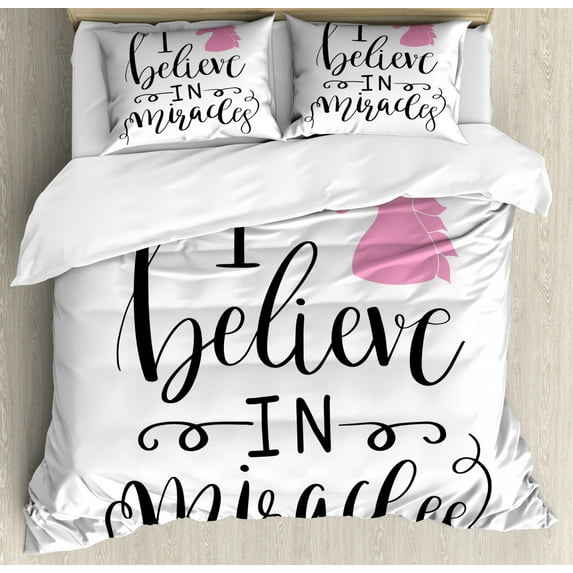 Saying Duvet Cover Set Queen Size, Calligraphic I Beleive in Miracles Lettering and a Unicorn Silhouette, Decorative 3 Piece Bedding Set with 2 Pillow Shams, Pink Charcoal Grey White, by Ambesonne