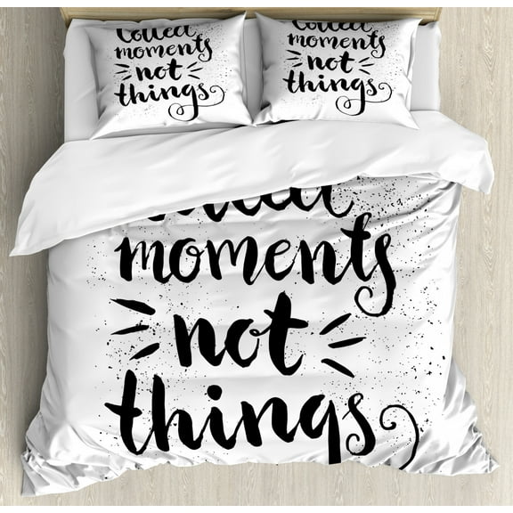 Saying Duvet Cover Set Queen Size, Collect Moments Not Things Monochrome Wording on a Plain Background, Decorative 3 Piece Bedding Set with 2 Pillow Shams, Charcoal Grey and White, by Ambesonne