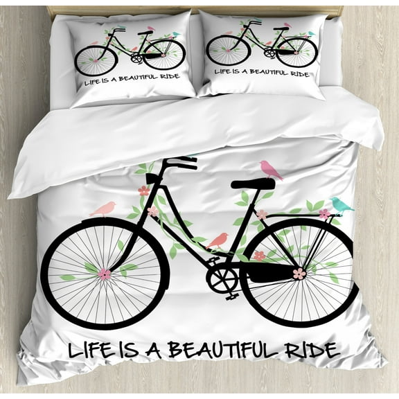Saying Duvet Cover Set Queen Size, Vintage Bicycle with Birds Flowers on Green Leafy Branches with a Motivational Text, Decorative 3 Piece Bedding Set with 2 Pillow Shams, Multicolor, by Ambesonne