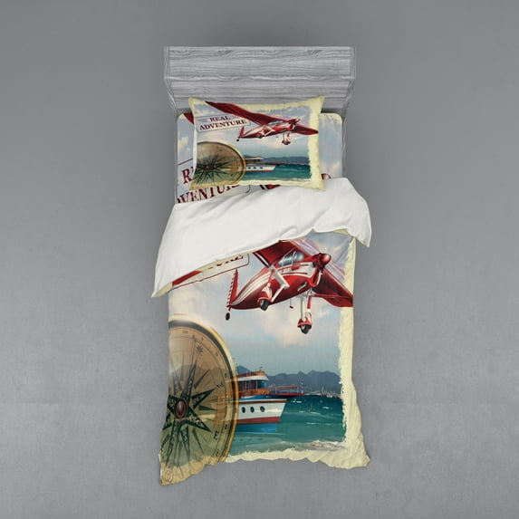 Saying Duvet Cover Set, Real Adventure Words Coastline and a Red Airplane Journey Travel Themed Art, Bedding Set with Shams and Fitted Sheet, 3 Sizes, by Ambesonne