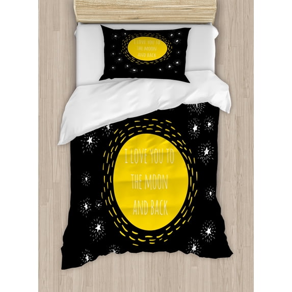 Saying Duvet Cover Set, Romantic I Love You to the Moon and Back Typography Galactical, Decorative 2 Piece Bedding Set with 1 Pillow Shams, Twin Size, Yellow and Charcoal Grey, by Ambesonne