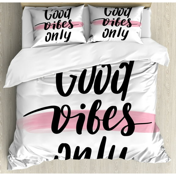 Saying Duvet Cover Set, Simple Modern Typography on Pinkish Brushstroke, Decorative 3 Piece Bedding Set with 2 Pillow Shams, Calking Size, Charcoal Grey Pale Pink, by Ambesonne