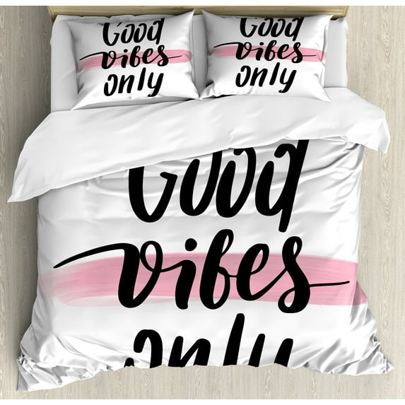 Saying Duvet Cover Set, Simple Modern Typography on Pinkish Brushstroke, Decorative 3 Piece Bedding Set with 2 Pillow Shams, Queen Size, Charcoal Grey Pale Pink, by Ambesonne