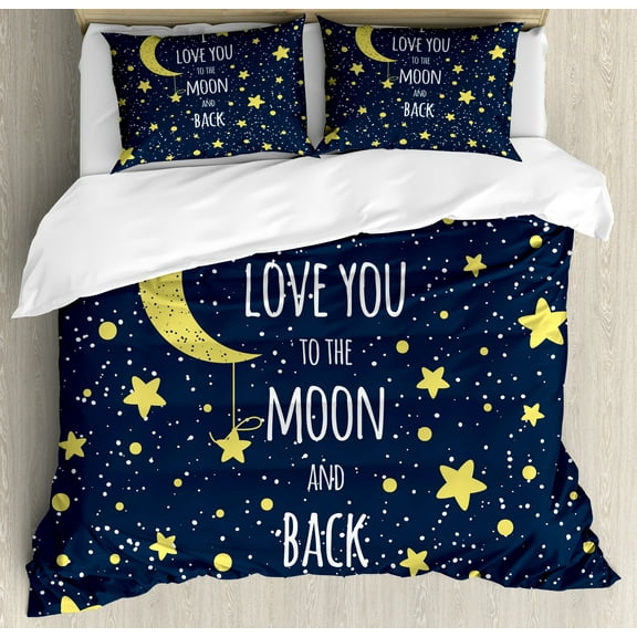 Saying Duvet Cover Set, Stars and Typography of I Love You to the Moon and Back with Circles, Decorative 3 Piece Bedding Set with 2 Pillow Shams, Calking Size, Blue Yellow, by Ambesonne