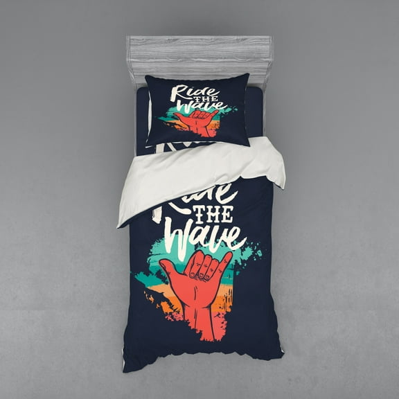 Saying Duvet Cover Set, Summer Surfer Themed Typographic Image with Ride the Wave and Gesture, Bedding Set with Shams and Fitted Sheet, 3 Sizes, by Ambesonne
