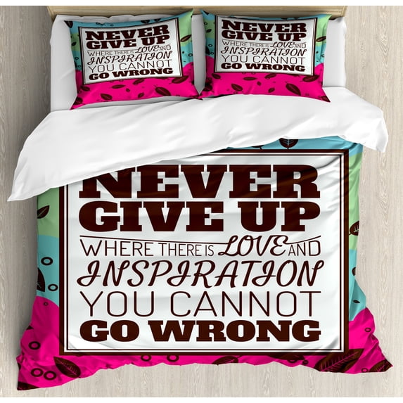 Saying Duvet Cover Set, Theme Phrase in Frame Falling Autumn Leaves Retro, Decorative 3 Piece Bedding Set with 2 Pillow Shams, Calking Size, Magenta Aqua Brown, by Ambesonne