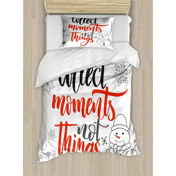 Saying Duvet Cover Set, Winter Theme of Lettering with a Snowman and Snowflakes, Decorative 2 Piece Bedding Set with 1 Pillow Shams, Twin Size, Vermillion Grey, by Ambesonne