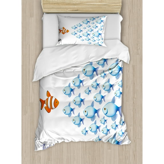 Saying Duvet Cover Set, Words with Outsider Fish Against All the Others Inspirational Art, Decorative 2 Piece Bedding Set with 1 Pillow Shams, Twin Size, Orange Blue, by Ambesonne