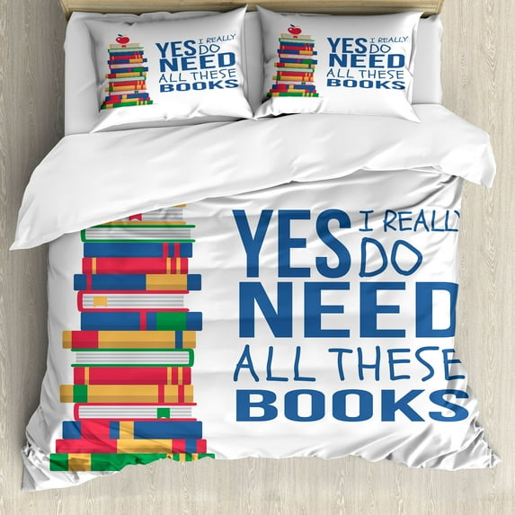 Saying Duvet Cover Set, Yes I Really Do Need All These Books Worm between the Old Dusty Pages Illustration, Decorative 3 Piece Bedding Set with 2 Pillow Shams, King Size, Cobalt Blue, by Ambesonne