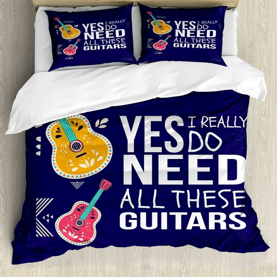 Saying Duvet Cover Set, Yes I Really Do Need All These Guitars Creator of Harmonious Tunes Illustration, Decorative 3 Piece Bedding Set with 2 Pillow Shams, Calking Size, Indigo Marigold, by Ambesonne