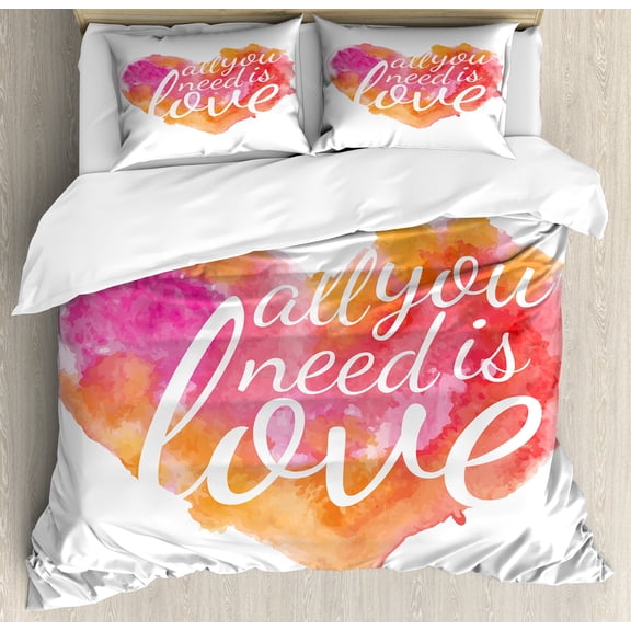 Saying Duvet Cover Set, All You Need is Love Words in Colorful Watercolor Splash Background Art Print, Decorative 3 Piece Bedding Set with 2 Pillow Shams, Calking Size, Red Fuchsia, by Ambesonne