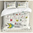 thumbnail image 1 of Saying Duvet Cover Sets, Autumn is Loading Phrase Flowers Arrow Floral Elements Vintage Style Art, Bedding Set 2 Duvet Covers & 4 Pillowcases, 2 Pack Cal King Size, Red Yellow Beige, by Ambesonne, 1 of 7