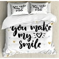 thumbnail image 1 of Saying Duvet Cover Sets, You Make My Heart Smile Lettering Shapes Love Display Print, Bedding Set with 2 Duvet Covers & 4 Pillowcases, 2 Pack Queen Size, Black and Blue, by Ambesonne, 1 of 7
