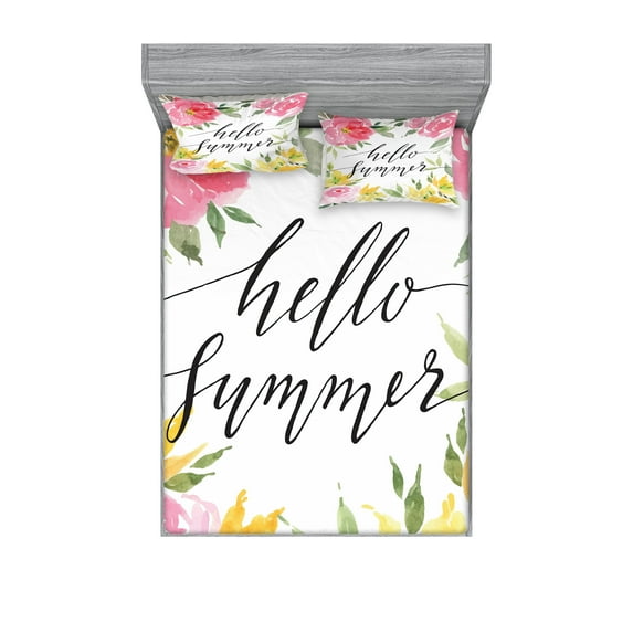 Saying Fitted Sheet & Pillow Sham Set, Hand Lettering Hello Summer Message Watercolor Style Blossoming Seasonal Flowers, Decorative Printed 6 Piece Bedding Decor Set, Queen, Multicolor, by Ambesonne