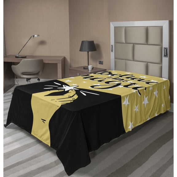 Saying Flat Sheet, Believe in Magic Words with Doodle Simplistic Stars Space Themed Composition, Soft Comfortable Top Sheet Decorative Bedding 1 Piece, 6 Sizes, Yellow and Black, by Ambesonne