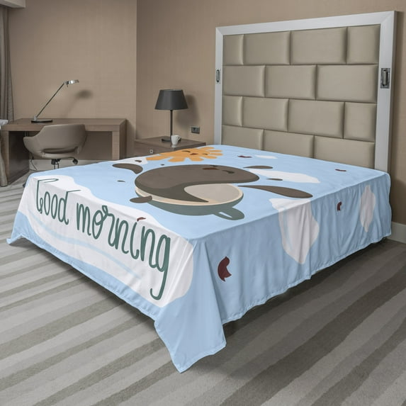 Ambesonne Saying Flat Sheet, Funny Coffee and Sun, King Size, Pale Blue Multicolor