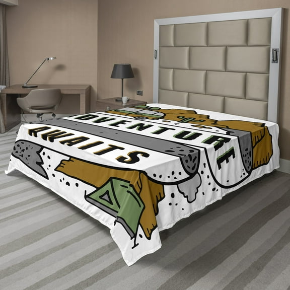 Ambesonne Saying Flat Sheet, Camping Van Doodle Graphic, King Size, Caramel Grey White