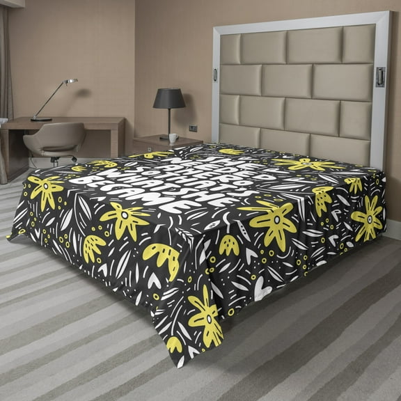 Ambesonne Saying Flat Sheet, Feminism Flora Lettering, King Size, Grey Yellow