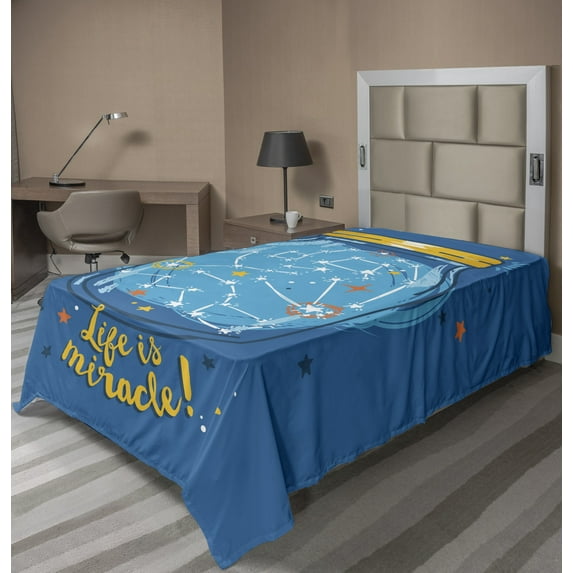 Saying Flat Sheet, Life is Miracle Message with A Jar Full of Cosmic Star Installations, Soft Comfortable Top Sheet Decorative Bedding 1 Piece, 6 Sizes, Violet Blue and Mustard, by Ambesonne