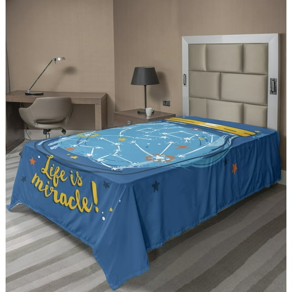 Saying Flat Sheet, Life is Miracle Message with A Jar Full of Cosmic Star Installations, Soft Comfortable Top Sheet Decorative Bedding 1 Piece, 6 Sizes, Violet Blue and Mustard, by Ambesonne
