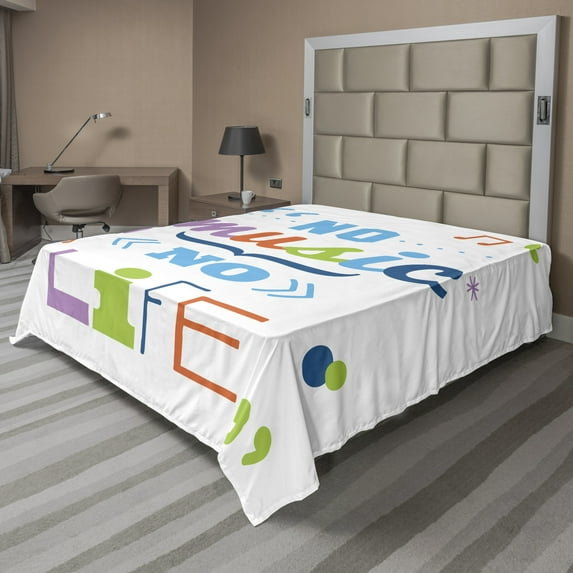 Ambesonne Saying Flat Sheet, No Music, No Life Slogan, King Size, Multicolor
