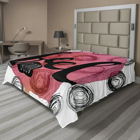 Saying Flat Sheet, Pink Watercolor Stain and Circles the Lettering with the Phrase Feel, Soft Comfortable Top Sheet Decorative Bedding 1 Piece, 6 Sizes, Pink Black White, by Ambesonne