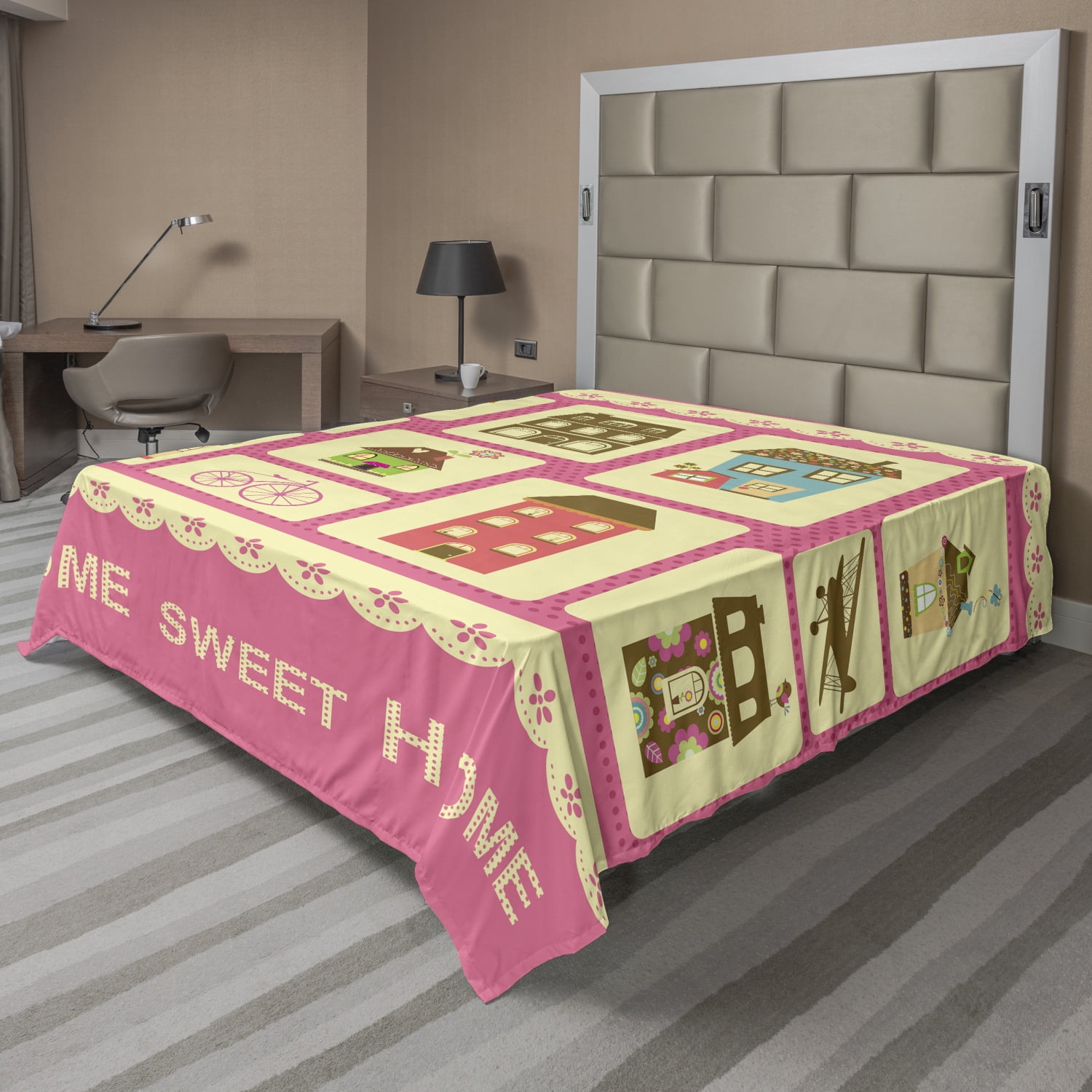 Saying Flat Sheet, Retro Style Pattern with Different Houses Bicycle Plane and Photo Camera, Soft Comfortable Top Sheet Decorative Bedding 1 Piece, 6 Sizes, Multicolor, by Ambesonne