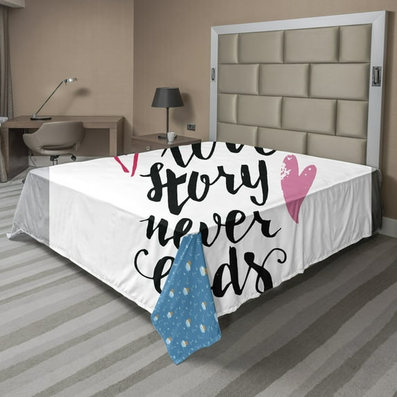 Saying Flat Sheet, Romantic Inscription True Love Story Never Ends with Doodle Heart Shapes, Soft Comfortable Top Sheet Decorative Bedding 1 Piece, 6 Sizes, Pink Hot Pink Black, by Ambesonne