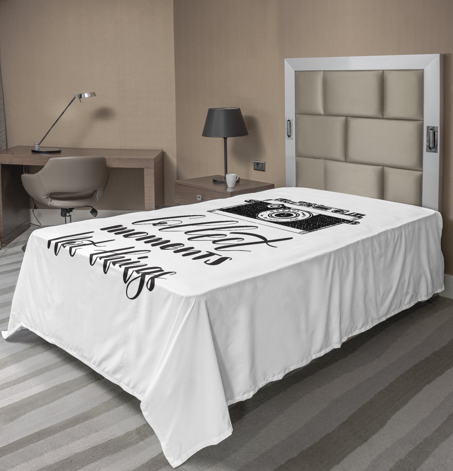 Saying Flat Sheet, Take a Photo and Capture Moments Camera Symbolic Monochrome Layout, Soft Comfortable Top Sheet Decorative Bedding 1 Piece, 6 Sizes, Charcoal Grey and White, by Ambesonne