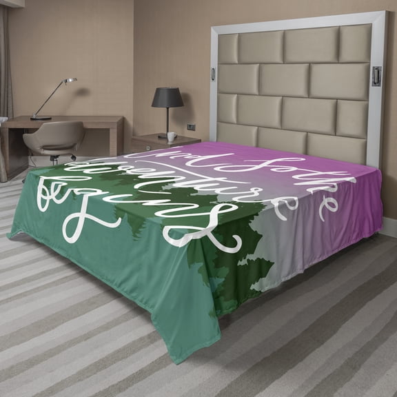 Saying Flat Sheet, Woodland Silhouette with Violet Sky and Adventure Begins Message Inspiration, Soft Comfortable Top Sheet Decorative Bedding 1 Piece, 6 Sizes, Green Violet White, by Ambesonne