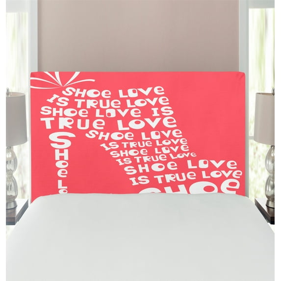 Saying Headboard, Shoe Love is True Love Fashion Colored Woman Shoe Words Funny Art, Upholstered Decorative Metal Bed Headboard with Memory Foam, Twin Size, White and Coral, by Ambesonne