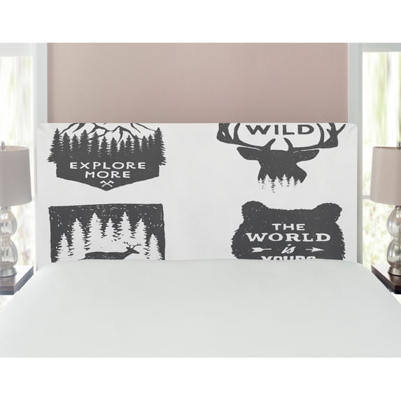 Saying Headboard, Wilderness Emblems Stay Wild Wander the World is Your Arrow Pine Wildlife Animals, Upholstered Decorative Metal Bed Headboard with Memory Foam, Full Size, Grey, by Ambesonne