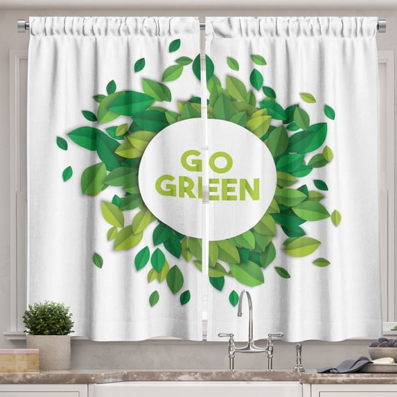 Saying Kitchen Curtains, Go Green Text Inside a White Circle with Leaves Eco Awareness, Two Panels Drapes with Rod Pocket Room Decor, 55" X 45", Apple Green Fern Green, by Ambesonne
