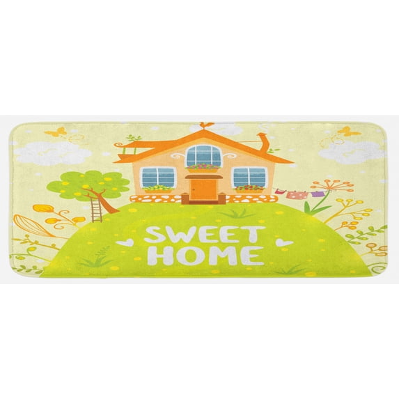 Saying Kitchen Mat, Cartoon Style Cottage Hut on Green Hilltop with Flourishing Garden Morning, Plush Decorative Kitchen Mat with Non Slip Backing, 47" X 19", Multicolor, by Ambesonne
