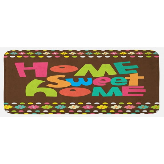 Saying Kitchen Mat, Retro Cartoon Style Funky Colorful Letters and Floral Borders with Dots, Plush Decorative Kitchen Mat with Non Slip Backing, 47" X 19", Multicolor, by Ambesonne