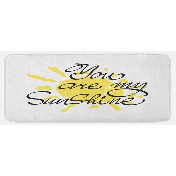 Saying Kitchen Mat, Valentines Day Image Romantic Calligraphy Colored Sun Inspired Motif, Plush Decorative Kitchen Mat with Non Slip Backing, 47" X 19", Yellow Charcoal Grey, by Ambesonne