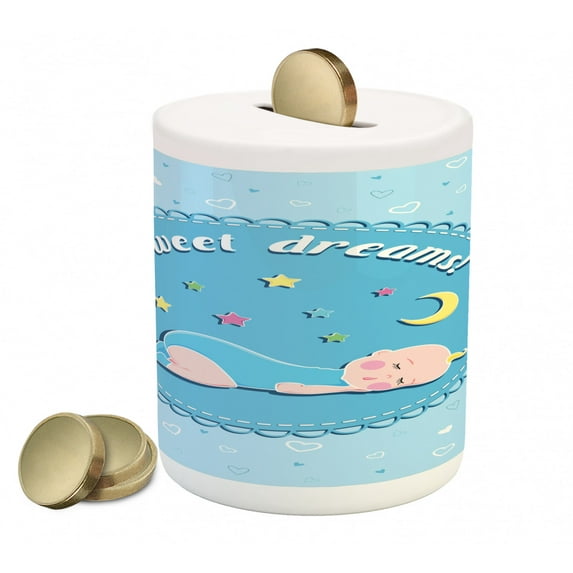 Saying Piggy Bank, Sleeping with Colorful Stars and Moon on Heart Filled Background, Ceramic Coin Bank Money Box for Cash Saving, 3.6" X 3.2", Multicolor, by Ambesonne