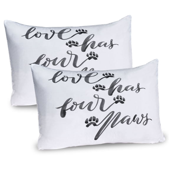 Saying Pillow Sham Set of 2, Watercolor Style Hand Letters Love Has 4 Paws Brush Calligraphy Animal Lover, Quality Microfiber Bedding Item for All Seasons, 26" x 20", Grey and White, by Ambesonne