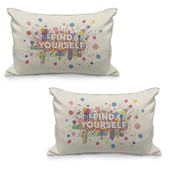 Saying Quilted Pillowcover Set of 2, Find Yourself Colorful Typographical Poster Style Inspirational Words Print, Standard Queen Size Pillow Cover Bedroom, 36" x 20", Yellow Blue and Red, by Ambesonne