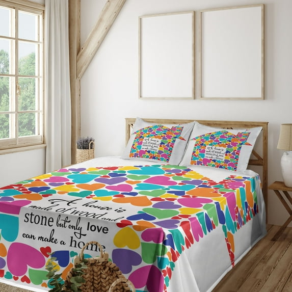 Ambesonne Saying Fitted & Top Sheet Set with Shams, House with Hearts Home Love, Multicolor