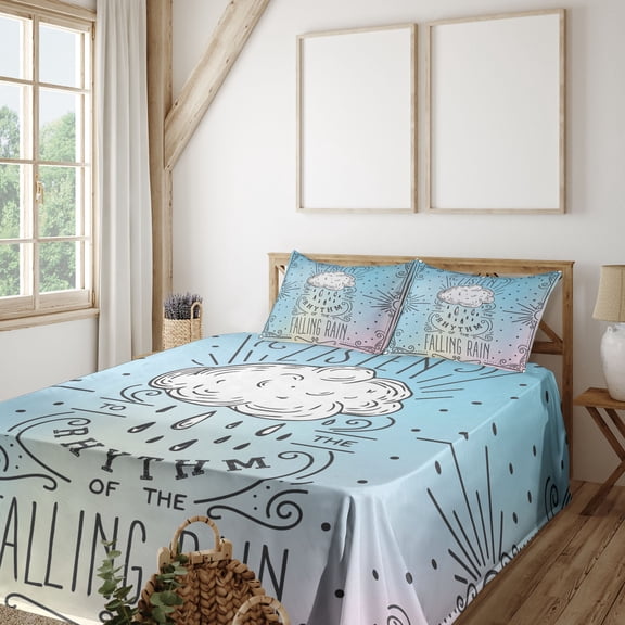 Saying Sheet Set, Listen to the Rhythm of the Falling Rain Lettering with Doodle Ornates and Clouds, Fitted and Flat Sheet with Pillowcases Bedding Accent 4 Piece Set, Queen, Multicolor, by Ambesonne