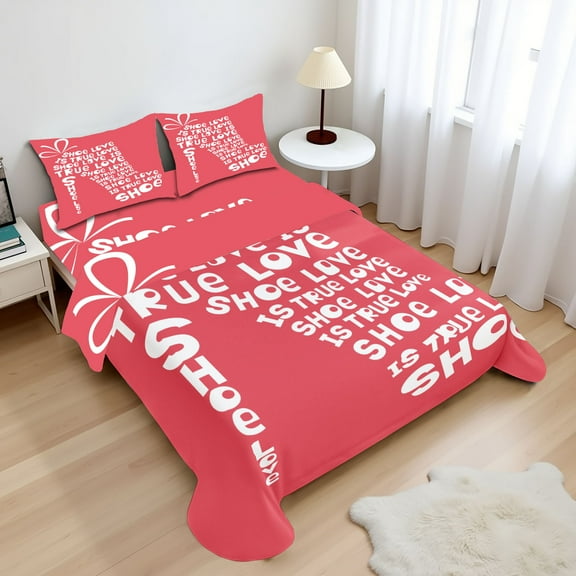 Ambesonne Fashion Fitted & Top Sheet Set with Shams, Woman Shoes Coral Words, White and Coral