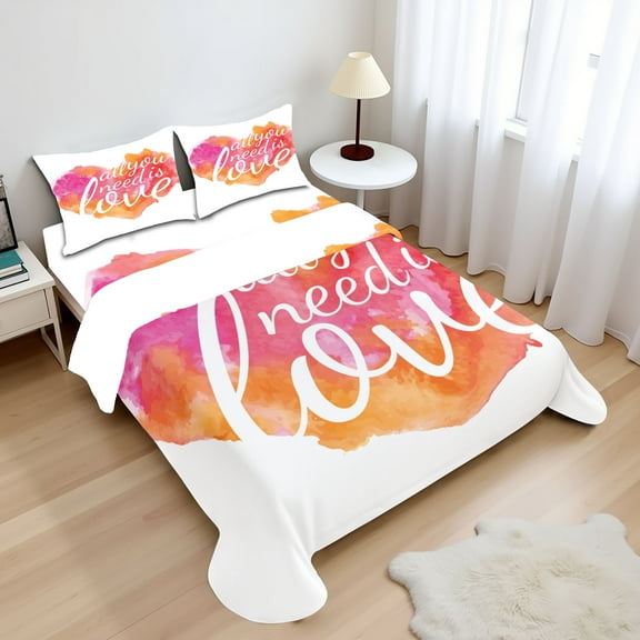 Ambesonne Saying Fitted & Top Sheet Set with Shams, Watercolor Splash, Red Fuchsia