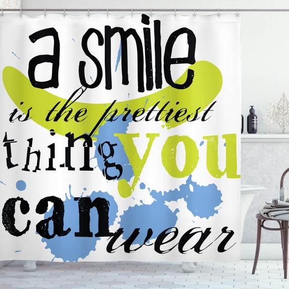 Saying Shower Curtain, A Smile is the Prettiest Thing You Can Wear Phrase with Color Splashes, Fabric Bathroom Set with Hooks, 69W X 75L Inches Long, Apple Green Blue White, by Ambesonne