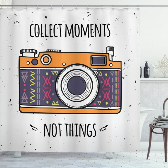 Saying Shower Curtain, Retro Bohemian Photo Camera and Typography on a Spotted Backdrop Digital Object, Fabric Bathroom Set with Hooks, 69W X 84L Inches Extra Long, Multicolor, by Ambesonne