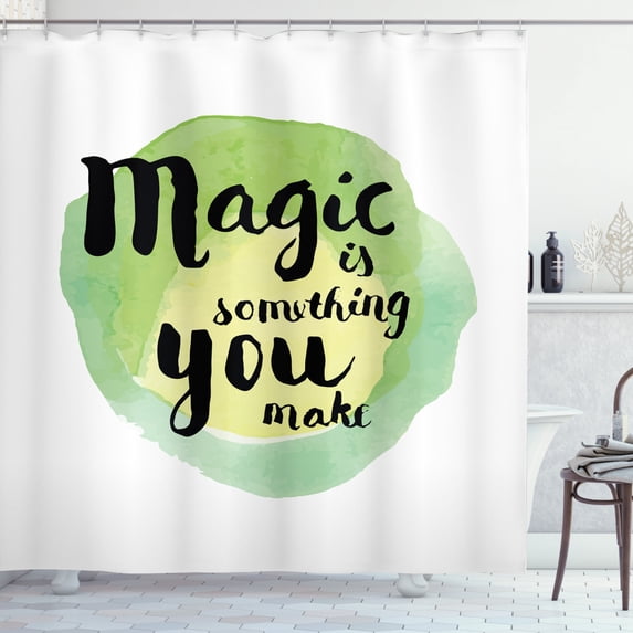Saying Shower Curtain, Watercolor Magic is Something You Make, Fabric Bathroom Set with Hooks, 69W X 75L Inches Long, Apple Green Pistachio Green Pastel Yellow Charcoal Grey, by Ambesonne